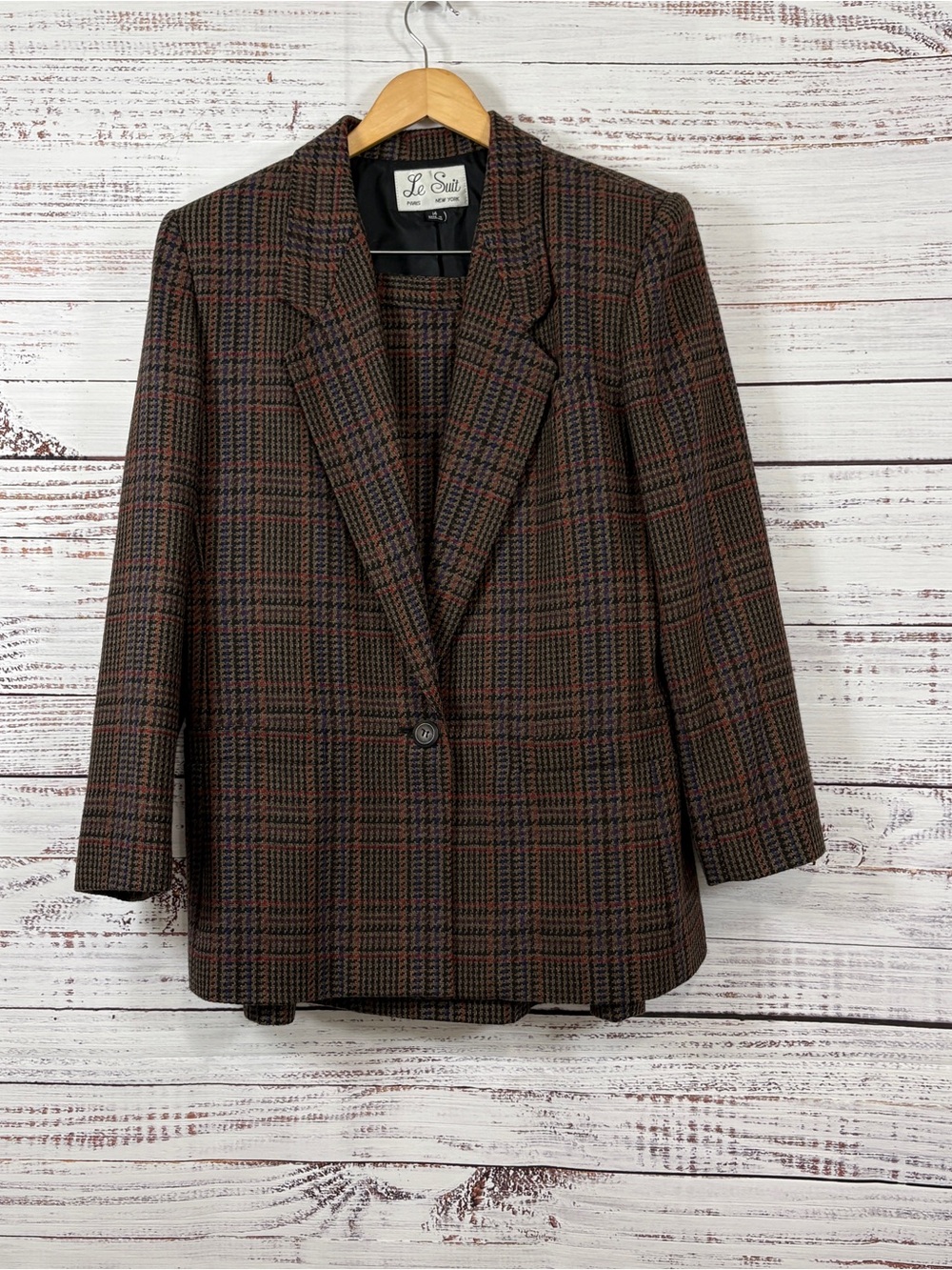 Le Suit Brown Plaid Vintage Wool Blend Blazer and Skirt Set